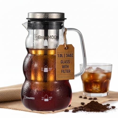 BrewMOO Cold Brew Coffee Pitcher (1.0L/34oz) - Elegant Sleek Wave Borosilicate Glass Pitcher with 100um 304 Stainless Steel Filter & Airtight Lid, Efforless Mannual for Beginner, Sophisticated Gift