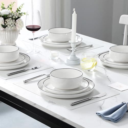 MALACASA Plates and Bowls Sets, 12 Pieces Modern Porcelain Dinnerware Set for 4 White Kitchen Dinner Dining Ware Set wtih Black Rim Ceramic Dishware Dishes Microwave and Dishwasher Safe, Series LUNA - Thumbnail 5
