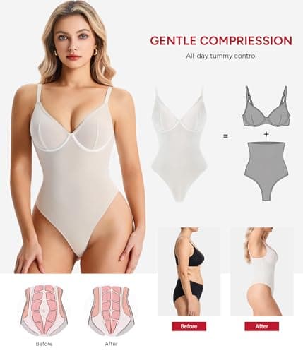Nebility Shapewear Bodysuit for Women tummy control - V Neck Thong Body Suit with Underwire, Low back Going Out Tops - Thumbnail 5