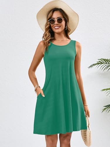 Heymoments Women Summer Dress Malachite Green Medium Sleeveless Crewneck Casual Cute Loose Fitting Tank Sundress Comfy Swing Midi Flowy A Line Trendy Beach Vacation Teacher Dresses with Pockets - Thumbnail 3