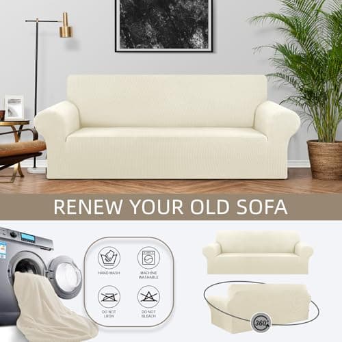 KEKUOU Stretch Loveseat Sofa Cover Slipcover,Couch Covers for 2 Cushion Couch Sofa (55"-78") Furniture Protector Sofa with Elastic Bottom for Kids,Dog. Jacquard Small Checked(Medium,Beige) - Thumbnail 3