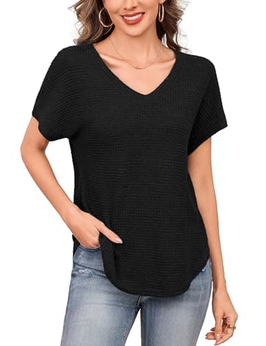 Totatuit Waffle Knit Tops for Women V Neck Short Sleeve Casual Summer Shirts Loose Fitting Curved Hem Blouse Soft Breathable Basic Tee Vacation Tunic Top Black - Image 1