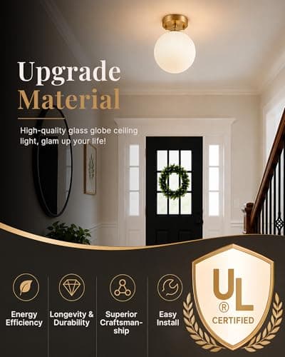 Majade Semi Flush Mount Ceiling Light 6" Globe Mid Century Modern Light Fixture Milk Glass with Gold Brass Finish Light Fixtures for Hallway Entryway Kitchen Island Closet Laundry Bathroom - Thumbnail 4