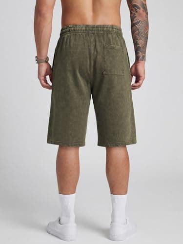 JMIERR Men's Athletic Shorts Moisture Wicking Vintage Acid Washed Cotton Loose Fit Elastic Waist Drawstring Casual Baggy Gym Shorts for Vacation,Office Date, Jungle Green, Medium - Thumbnail 4