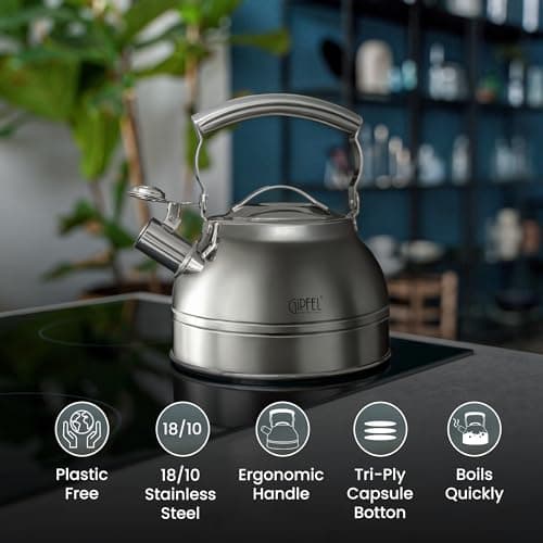 GIPFEL INTERNATIONAL Whistling Tea Kettle Stovetop - Food Grade Stainless Steel Teapot for Stove Top with Ergonomic Handle for Gas, Induction, Electric Stovetops 2.3 Quart - Thumbnail 6