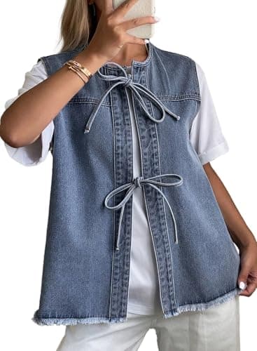 Astylish Womens Dressy Casual Bow Tie Denim Vest Shirts Distressed Sleeveless Henley Neck Park Work Blouse Casual 2026 Summer Spring Shirts Tops Light Blue XX-Large - Image 1
