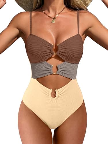 ANRABESS Women One Piece Swimsuits Sexy Cutout Full Coverage Bathing Suit Ring Link Ruched Monokini Beach Swimwear Brown Color Block X-Large - Image 1