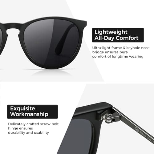 SUNGAIT Premium Vintage Round Sunglasses for Women Men Classic Retro Trendy Style (Black Frame(Matte Finish)/Polarized Grey Lens) 1567 PGHKH - Thumbnail 3
