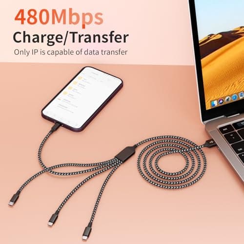 Multi Charging Cable 2Pack 5Ft,Dual Type-C Multiple Charger Cable Nylon Braided 4 in 1 Multi USB Charging Cord with IP/Type C/Micro USB Ports for Cell Phones/iPhone/Tablets/Samsung Galaxy & More - Thumbnail 4