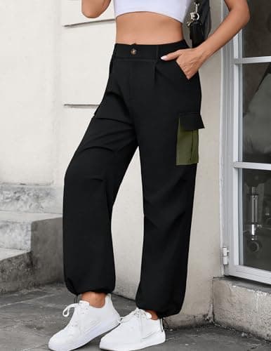 LOOKBOHO Hiking Pants Women 2026 Summer Cargo Contrast Pockets Lightweight Travel Drawstring Casual Straight Leg Trousers Black Medium - Thumbnail 3
