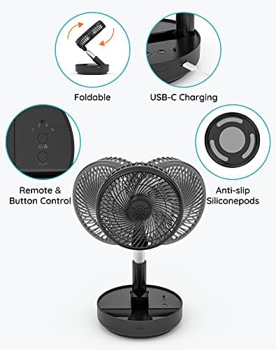 Primevolve Portable Fan, |21H Battery|7200mAh Rechargeable Oscillating Fan with Remote, Foldable Telescopic 7.7" for Travel Camping Cruise Hotel Bedroom, Black - Thumbnail 5
