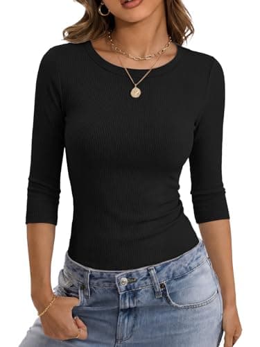 GKBK Womens 3/4 Sleeve Ribbed Tops Slim Fitted Tight Basic T-Shirts Crewneck Layering Lightweight Fall Sweaters 2025 Fashion Outfits Black - Image 1