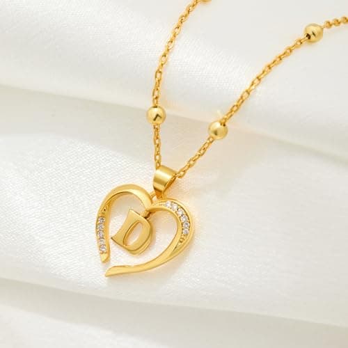 Cicy Bell Womens Heart Initial Necklace for Women 18k Gold Plated Cubic Zirconia Dainty Letter Pendant Necklace 17.7'' with 9'' Extender - Thumbnail 2
