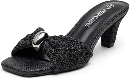 Vepose Women's Black Woven Raffia Heeled Sandals, Approx 3 Inch Flared Block Chunky Slip on Mules with Ring Charm - Square Open Toe Business Casual Wedding Size 11 (CJY6102 Black 11) - Image 1
