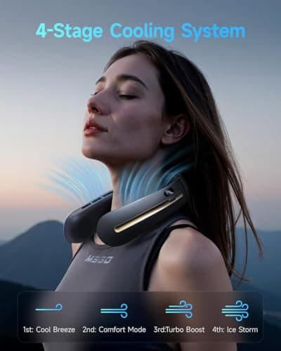 Bearwind Neck Fan, 3 Turbo Portable Fans with Neck Support, 4 Speed & LED Display, 5200mAh Rechargeable Personal Fan, Hand-Free Wearable Bladeless Cooler, Gift for Travel Birthday, Men, Women - Thumbnail 3