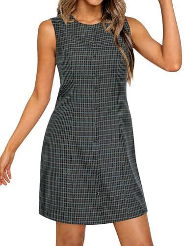 BTFBM Summer Dresses for Women 2026 Plaid Sleeveless Zip Up A Line Mini Dress Business Casual Vacation Gingham Sundress(Dusty Blue, Large) - Thumbnail 5