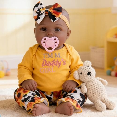 EKOKIZ 18 Inch African American Reborn Baby Doll Girl - Realistic Black Newborn Doll with Sunflower Print Outfit, Weighted Soft Body Lifelike Doll for Girls Age 3+, Gift for Daughter & Granddaughter
