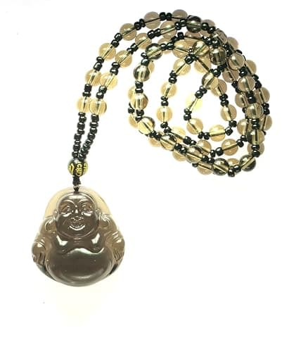 FUDIDU Laughing Buddha Ice Obsidian Pendant Necklace for Men Women, Translucent Healing Crystal Charm with Six-Word Mantra 25Inch Non-Adjustable Glass Bead Protection Amulet for Lucky Health Happiness - Image 1