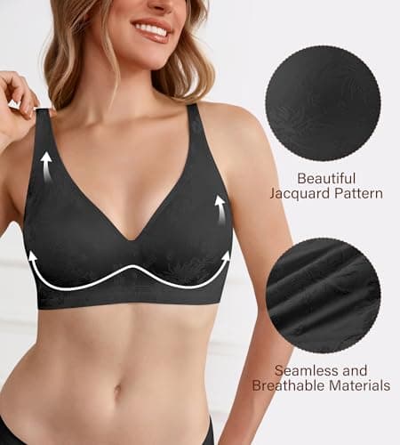 DEANGELMON Bras for Women No Underwire Seamless Wireless V Neck Comfort Bra Back Smoothing T-Shirt Bras (1P1,XL) Black - Thumbnail 3