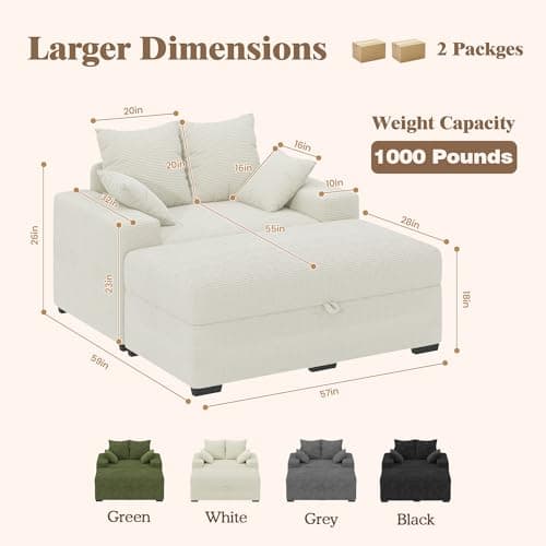 smilesun Luxe Chaise Lounge Chair Indoor with Storage Ottoman, Comfy Corduroy Oversized Lounge Sofa with 4 Pillows, 60" Modern Upholstered Sleeper Couch Bed for Bedroom (Beige, 57 in) - Thumbnail 2