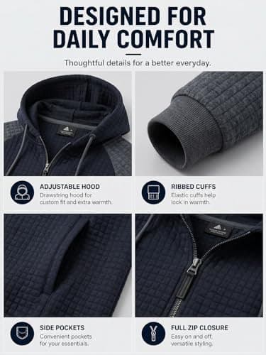 Men's Lightweight Waffle Knit Hoodie Drawstring Long Sleeve Sweatshirt Plaid Jacquard Zip Up Casual Jacket with Pocket - Thumbnail 5