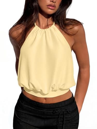 REORIA Women's Halter Backless Crop Top Sexy Sleeveless Summer Going Out Outfits 2026 Trendy Light Yellow Small - Image 1