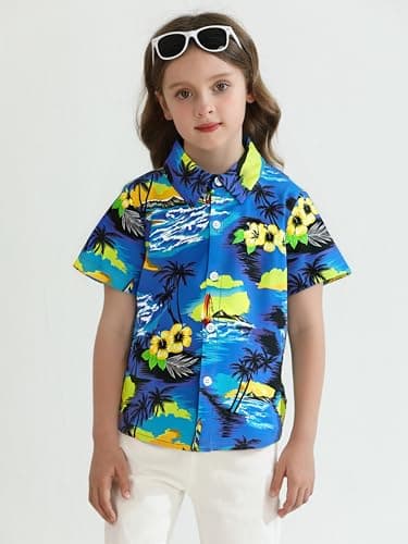 tagyum Boys Hawaiian Shirt 11Y 12Y Short Sleeve Boys Button Down Shirt Beach Casual Summer Print Top T-Shirt for Kids Light Blue - Thumbnail 5