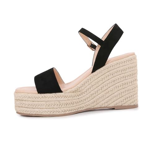 Paiyonan Women's Raffia Strap Espadrille Wedge Sandals - Ankle Buckle Platform Wedges Open Toe Summer Beach Casual Shoes (Black, US Footwear Size System, Adult, Women, Numeric, Medium, 8) - Thumbnail 6