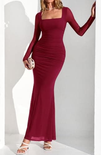 BTFBM Women's Maxi Dresses Fall 2026 Long Sleeve Ruched Bodycon Dress Square Neck Cocktail Party Wedding Guest Dresses(Wine Red,Small) - Thumbnail 6