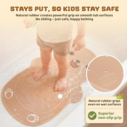 UNEEDE Kids Bathtub Mat Non Slip - Natural Rubber Baby Bath Mat for Tub, Cute Brown Bear Shape Toddler Bath Mat with 126 Suction Cups & 43 Drainage Holes, Soft & Machine Washable Bathroom Essentials - Thumbnail 3