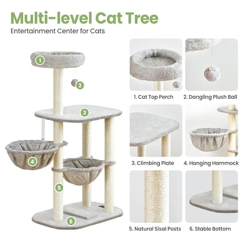 Small Cat Tree Tower with Lots of Scratching Posts - 42 Inch Medium Compact Cats Scratch House with Hammock Perch for Multi Level 2 Kitty - Indoor Corner Cat Bed Condo Climbing Gym Towers Furniture - Thumbnail 2