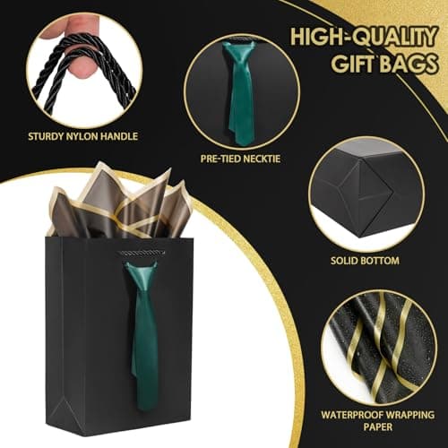 ALFEVA fathers day gift bags Graduation black gift bags with Handles and tie,2 Pcs mini gift bags with 2 Tissue Paper and 2 cards for Men Boys Birthday Party Wedding Gifts,(Small black/pink) - Thumbnail 3