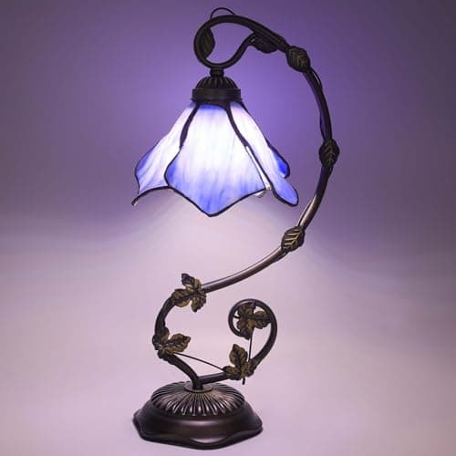 FILIUTF Stained Glass Table Lamp, Blue Flower Style Metal Leaf Base Desk Reading Light, Adjustable 3 Color Temperature Decor for Bedroom Home Office - Thumbnail 2