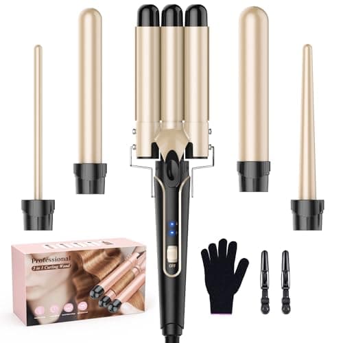 Waver Curling Iron Curling Wand - BESTOPE PRO 5 in 1 Curling Wand Set with 3 Barrel Hair Crimper for Women, Fast Heating Crimper Wand Curler in All Hair Type, Women Gifts - Gold - Image 1