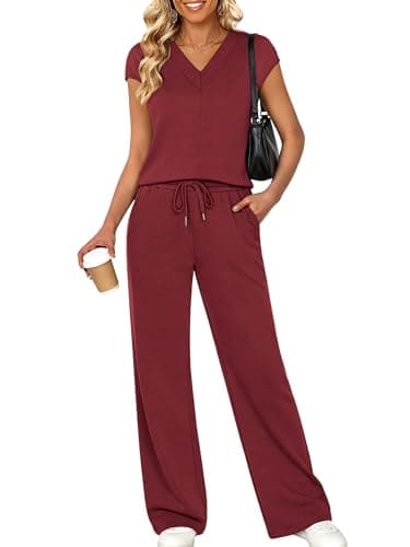 Casly Lamiit Lounge Sets for Women 2 Piece Summer Outfits Spring 2026 Fashion Matching Set Cap Sleeve Top Vacation Travel Loungewear Wine Red L - Image 1