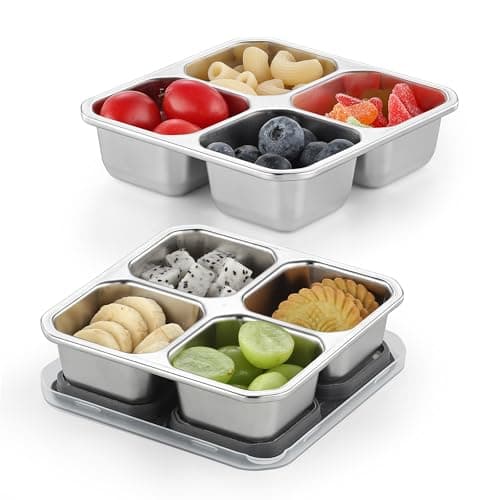 Stainless Steel Divided Plates, Kids Toddlers Babies Tray 4 Divided Compartments Snack Containers Bento Snack Box with Lid Reusable Meal Prep Lunch Box Food Storage Containers for Adults Travel Work - Image 1