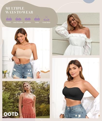 Finduself Strapless Bras for Women Non-Slip Padded Bandeau Bra Wireless Tube Top Bra Including Clear Straps - Thumbnail 6
