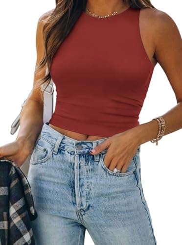 ATHMILE Vacation Outfits for Women Sexy Double Lined Racerback Tank Tops Casual Basic Sleeveless Tank Tops Wine Red - Image 1