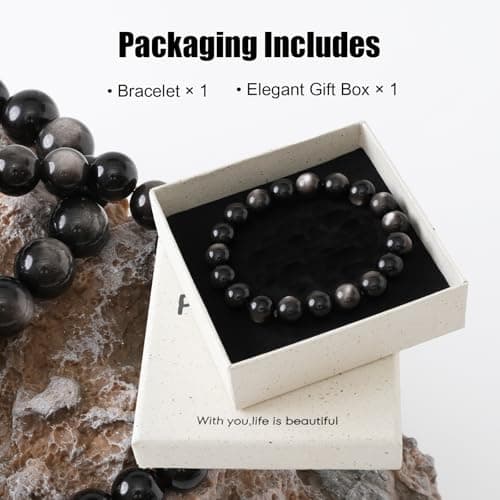 PNNY AMDA Natural Gemstone Bracelets: Handmade Unisex Silver Obsidian 8MM Beaded Stretch Bracelet - Energy Protection and Confidence SL-BS-YYS8MM - Thumbnail 6
