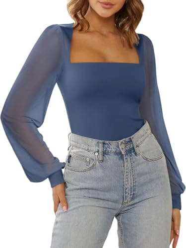 PINKMSTYLE Women's Fall Fashion Classy Mesh Long Sleeve Bodysuit Square Neck Double Lined Body Suits Business Casual Trendy Outfits Starry Blue X-Large - Thumbnail 3