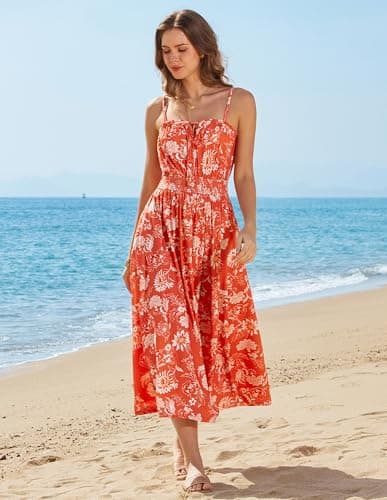 GRACE KARIN 2026 Women's Hawaiian Midi Sundress Summer Vacation Spaghetti Floral Clothes Boho Casual Dresses with Pockets Orange Floral XL - Thumbnail 2