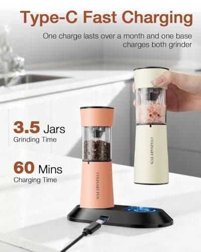 Gravity Electric Salt and Pepper Grinder Set with USB-C Charging Base,Rechargeable Automatic Stainless Steel Pepper Mill Grinder with LED Light, 2pack+Peach Orange (Peach Orange +Buttercream) - Thumbnail 2