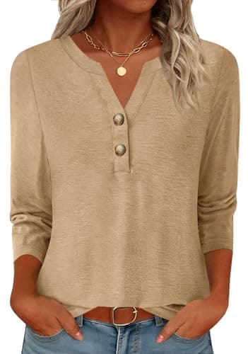 GKBK Womens Tops 3/4 Length Sleeve V Neck Button Down Short Sleeve Shirts Business Casual Basic Tees Summer Fashion 2026 Dressy Casual Going Out Blouses Trendy Outfits Khaki M - Image 1