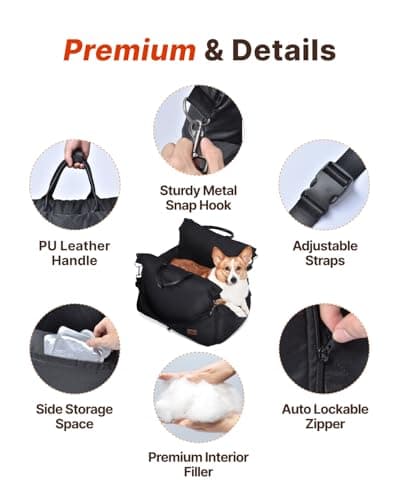 PET MARVEL Dog Car Seat for Small Dogs Up to 25 lbs, Pet Booster Seat & Travel Carrier with Safety Leash and Thick Cushion, Fully Detachable Washable Pet Bag with Storage Pocket, Portable, Black - Thumbnail 3