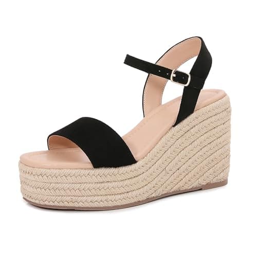 Paiyonan Women's Raffia Strap Espadrille Wedge Sandals - Ankle Buckle Platform Wedges Open Toe Summer Beach Casual Shoes (Black, US Footwear Size System, Adult, Women, Numeric, Medium, 8) - Image 1
