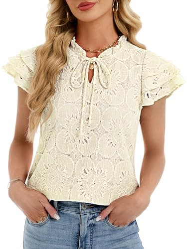 Funlingo Blouses for Women Dressy Casual Ruffle Cap Sleeve Eyelet Lace Boho Tops Summer Hollow Out Embroidered Shirts Trendy Clothes 2026 Beige 3XL - Image 1