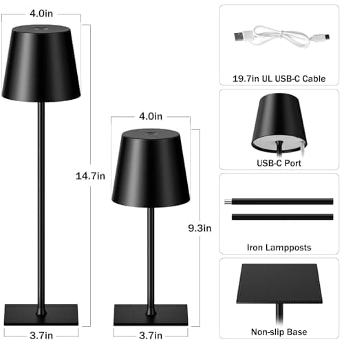 Kakanuo Black Cordless Rechargeable Table Lamp, 2 Pack Portable Desk Lamp with 5000mAh Battery, Touch Control Stepless Dimming, Wireless Night Light for Dining, Outdoor Camping, Coffee Shop - Thumbnail 5