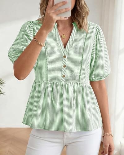 dowerme Womens Summer Tops 2026 Fashion Lantern Short Sleeve V Neck Button Peplum Shirts Spring Stripes Babydoll Blouses(Green,Small) - Thumbnail 2