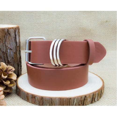 EONTISO Women Studded Leather Belt for Jeans, Punk Silver D-Rings & Chain, Roller Buckle Brown S - Thumbnail 2