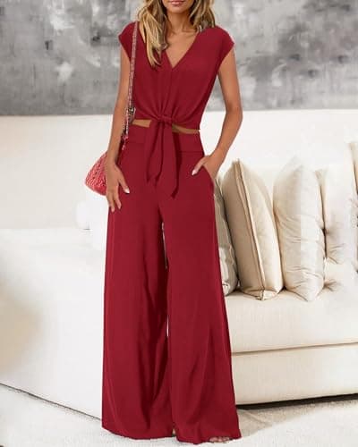 PRETTYGARDEN Women's Summer 2 Piece Outfits 2026 Cap Sleeve V Neck Belted Crop Tops Wide Leg Pant Sets Casual Tracksuit(Solid Wine Red,X-Large) - Thumbnail 3
